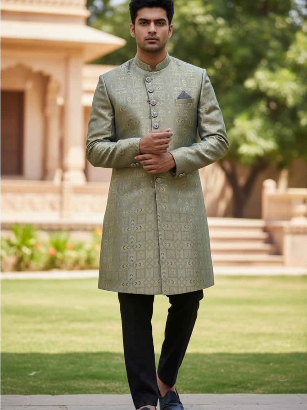 Olive Green Brocade Sherwani with Embossed Pattern